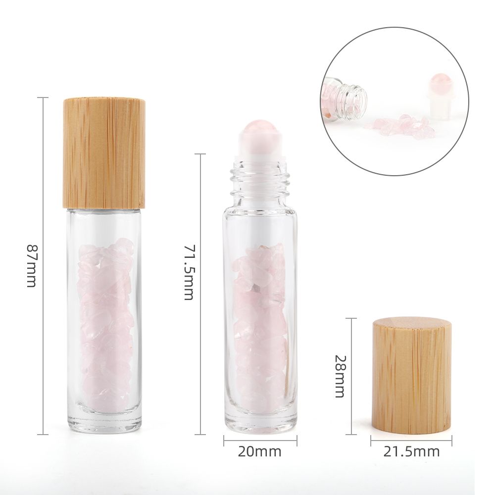 Botella de rodillo de aceite esencial de piedras preciosas - Cuarzo rosa - Tapa de madera
