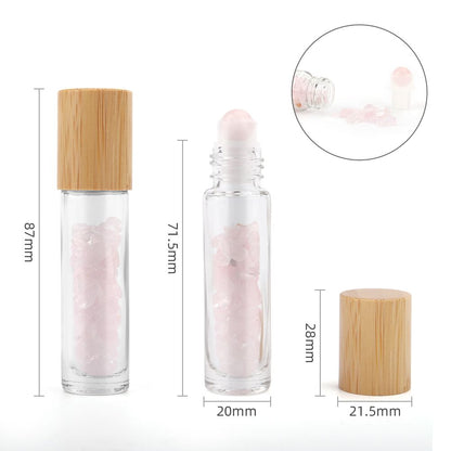 Botella de rodillo de aceite esencial de piedras preciosas - Cuarzo rosa - Tapa de madera