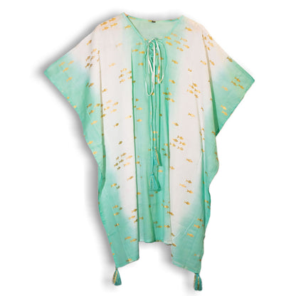 Colección Nómada Sari Mediterráneo - Kaftan - Diseño de Peces en Blanco, Turquesa y Oro