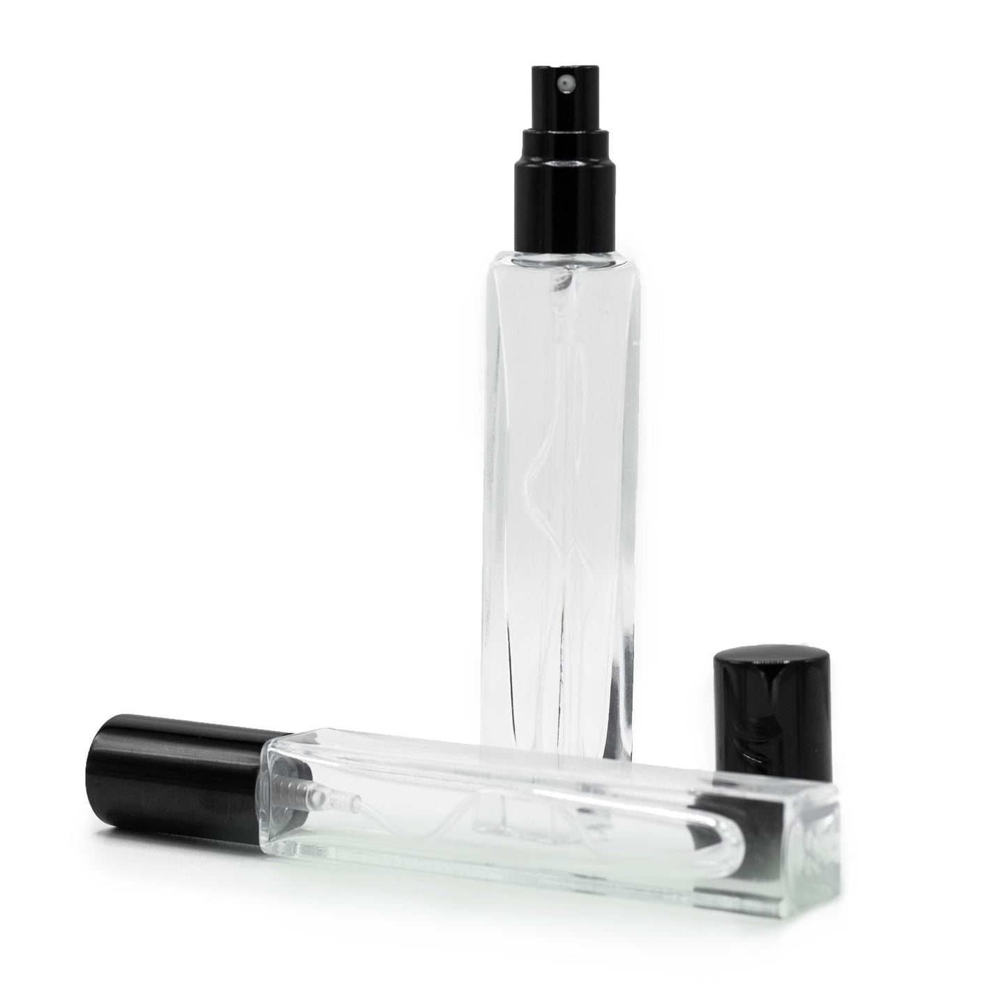 10ml tall, slim square bottle, black spray and cap