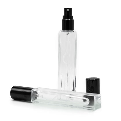 10ml tall, slim square bottle, black spray and cap