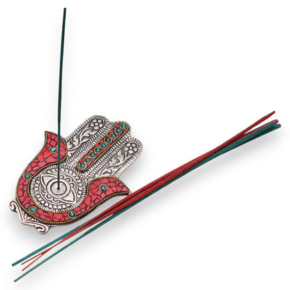 Small Red and Green Hamsa Incense Holder 13x5.5cm