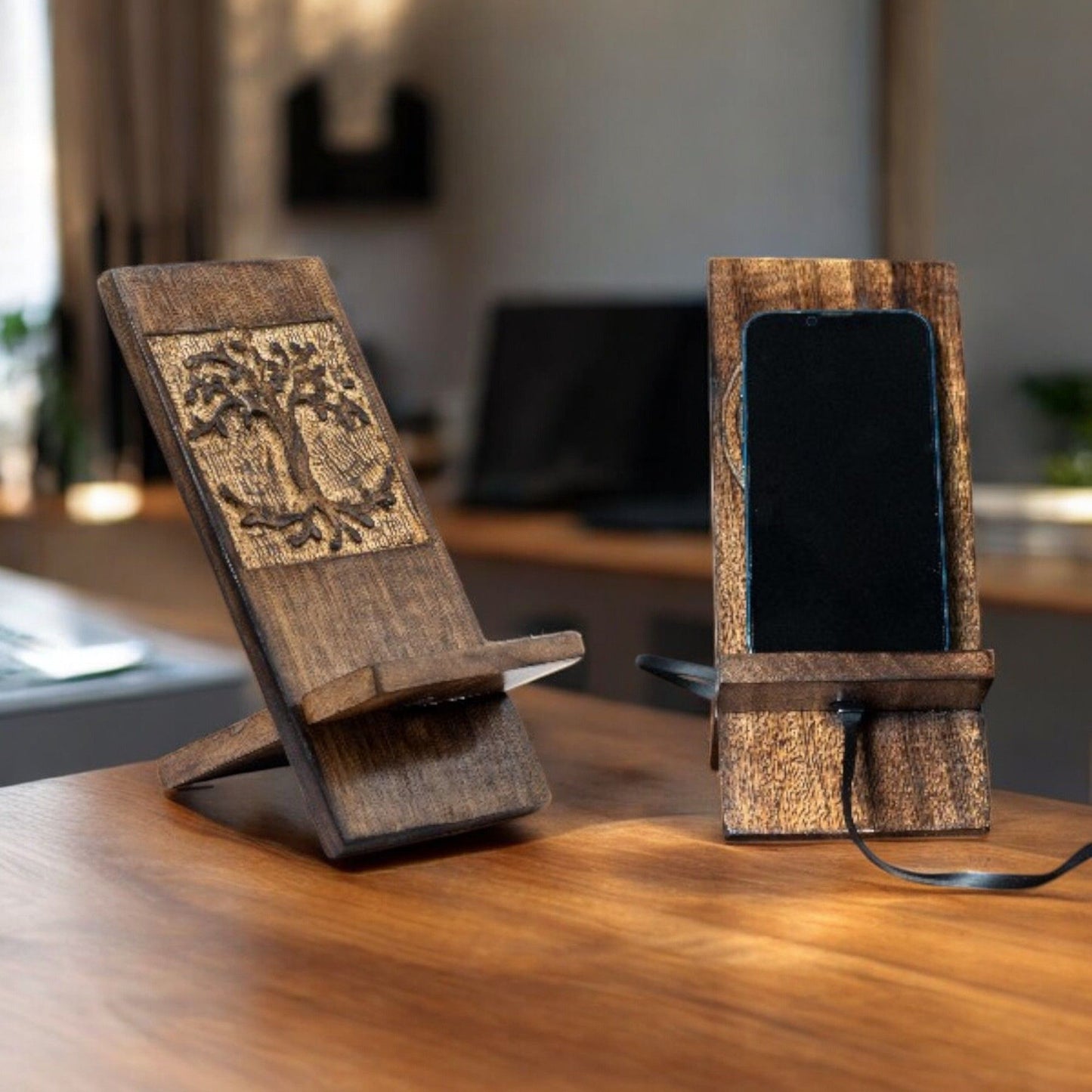 Support de téléphone en bois sculpté - Arbre de vie 20x9,5cm