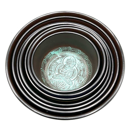 Large set of seven Tibetan singing bowls for chakras (19.5-35 cm)