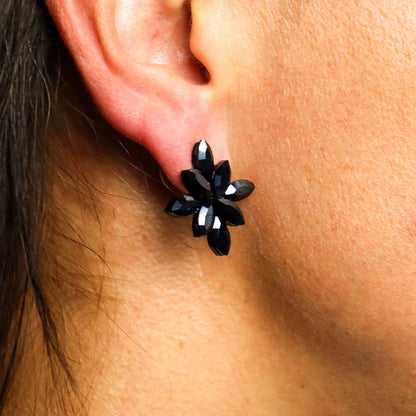 Vintage Crystal Earrings - Flowers - Jet Black