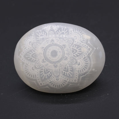 Selenite Palm Stone - Engraved Mandala