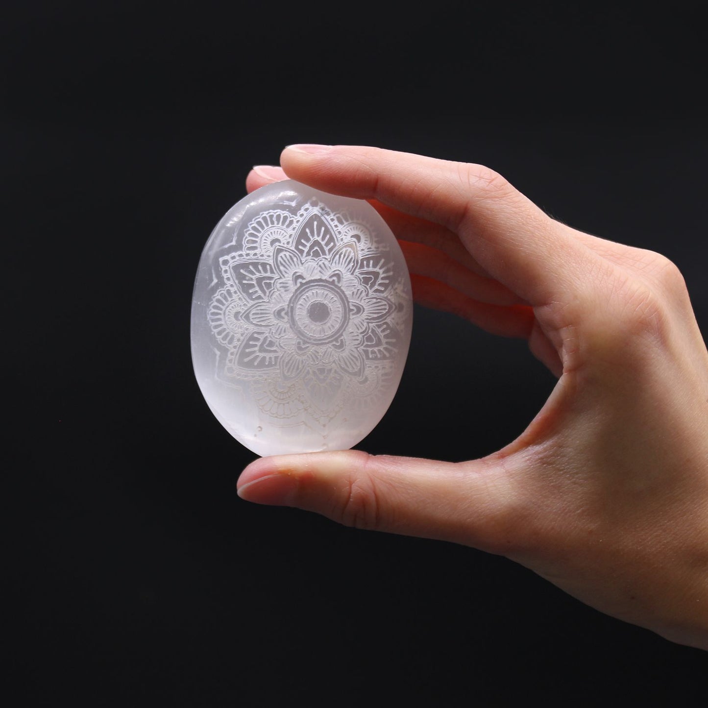 Selenite Palm Stone - Engraved Mandala
