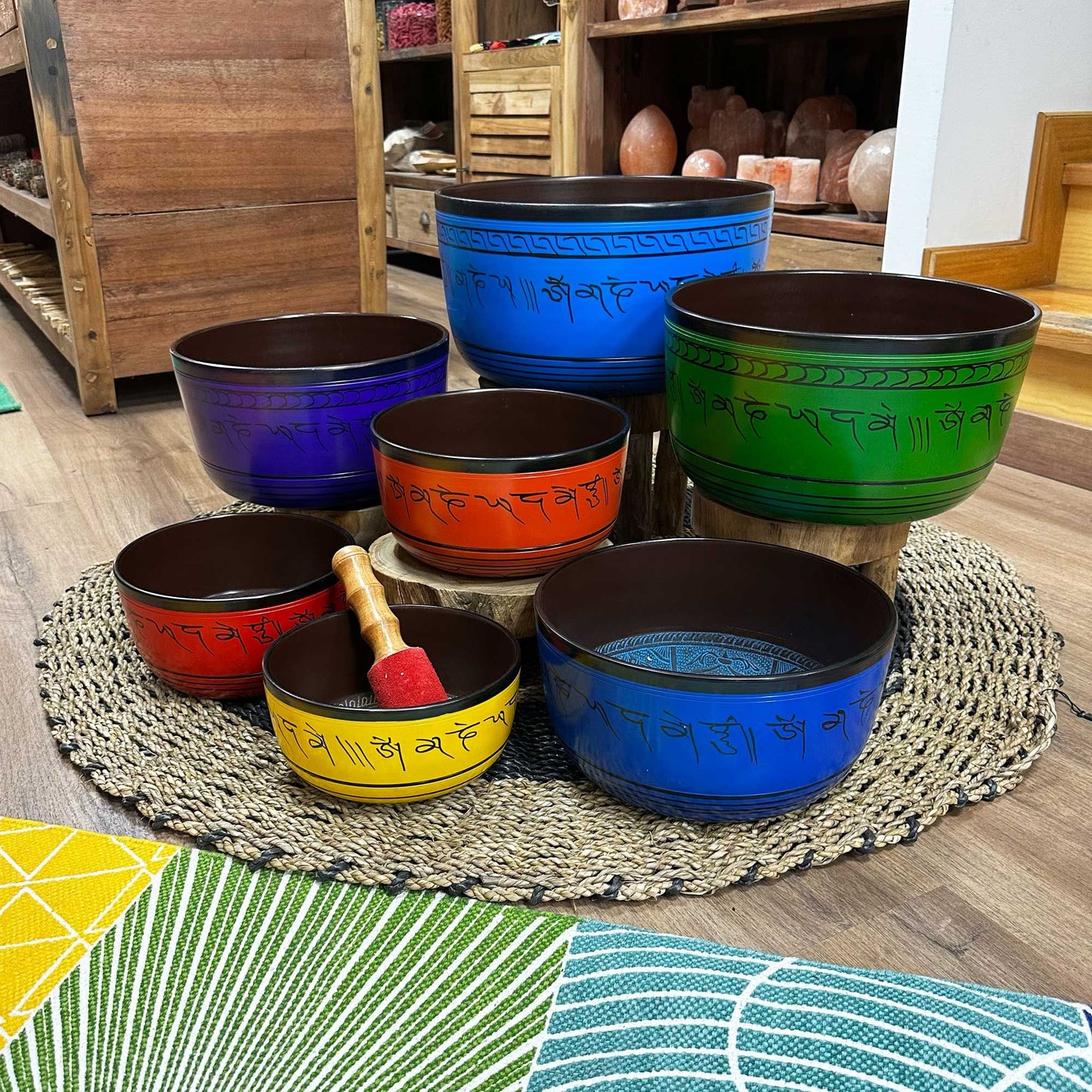 Large set of seven Tibetan singing bowls for chakras (19.5-35 cm)