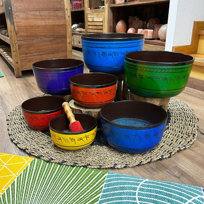 Large set of seven Tibetan singing bowls for chakras (19.5-35 cm)