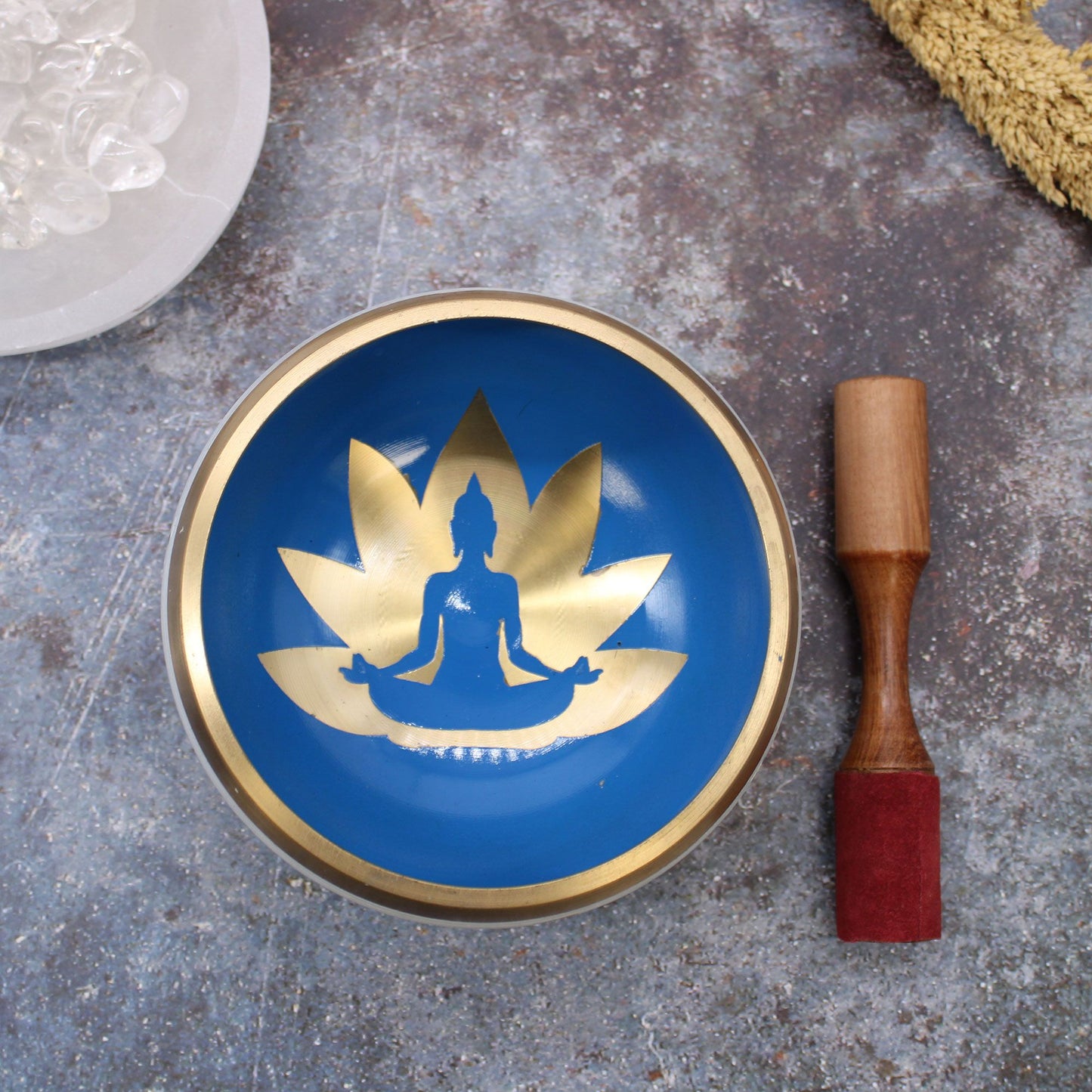 Large Tibetan Singing Bowl Set - Yoga Movement - White/Blue 14cm