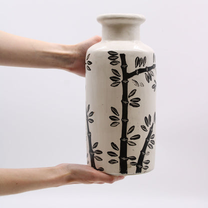 Retro Ceramic Vase with Bamboo Motif - Natural