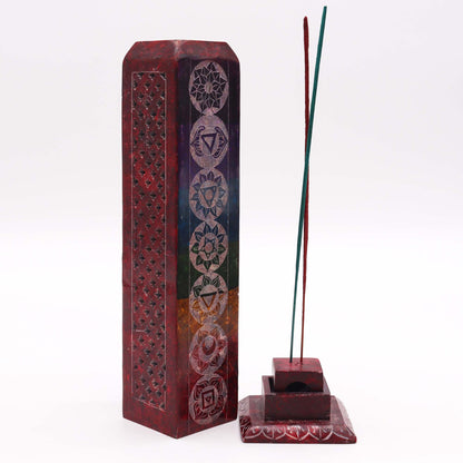 Square Soapstone Tower Incense Holder 25cm - 7 Chakras