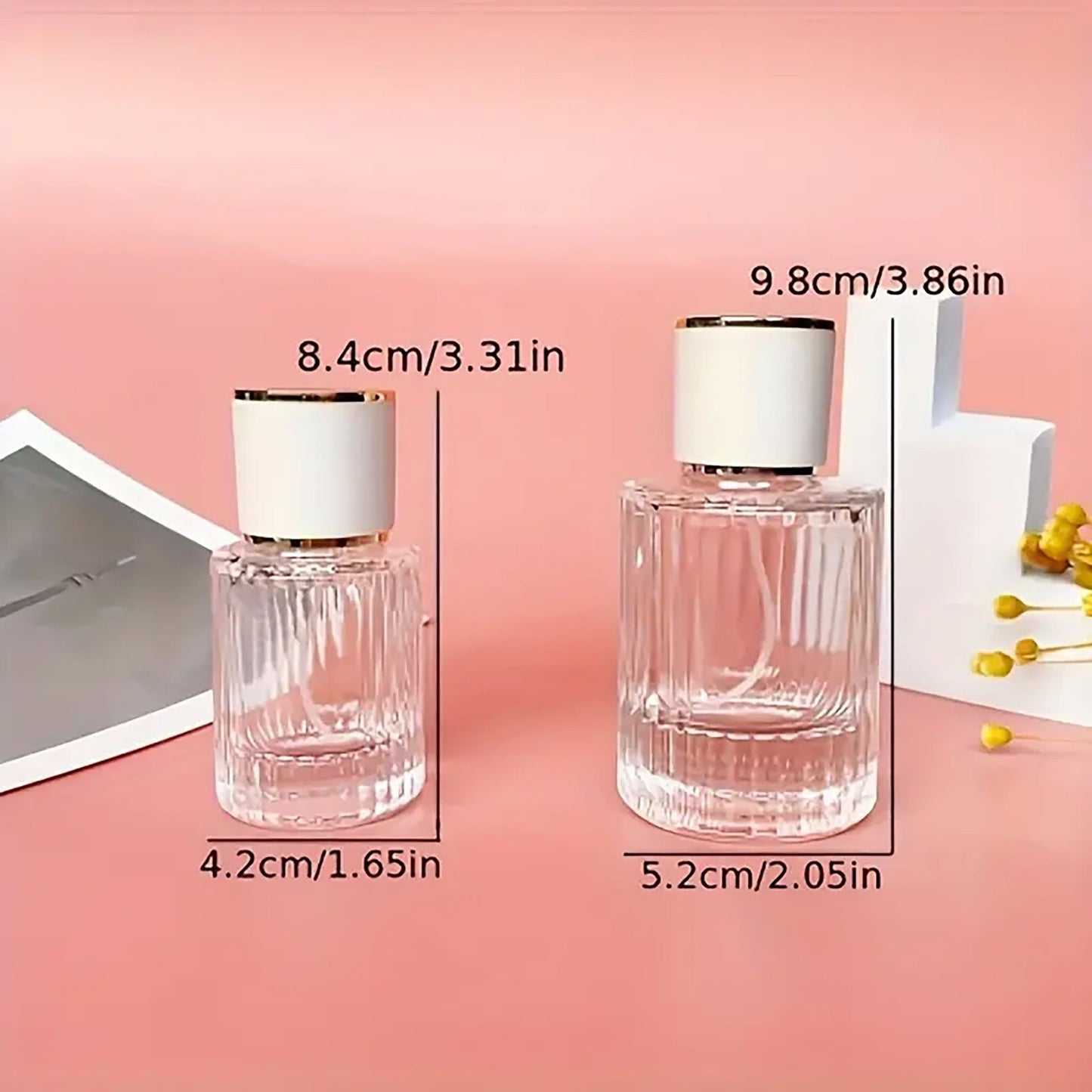 Glass perfume bottles with spray nozzle and green lid, 50 ml