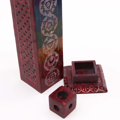 Square Soapstone Tower Incense Holder 25cm - 7 Chakras