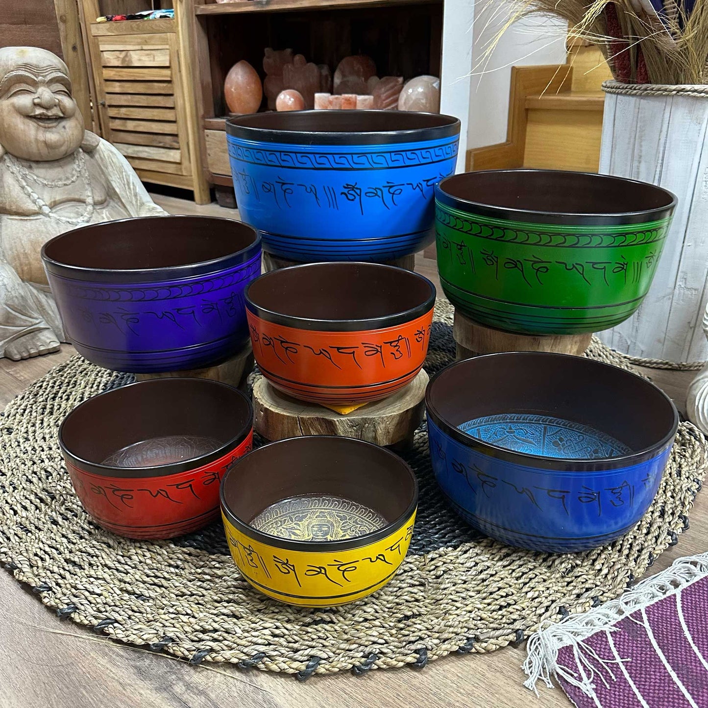 Large set of seven Tibetan singing bowls for chakras (19.5-35 cm)