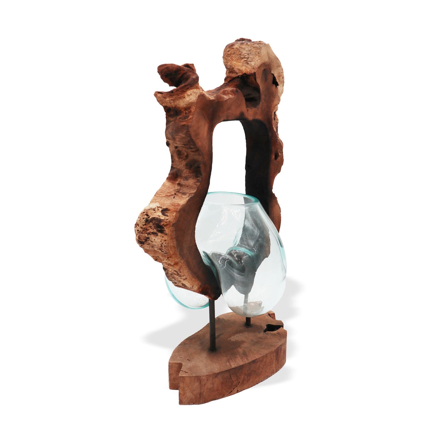 Florero colgante de vidrio fundido sobre madera