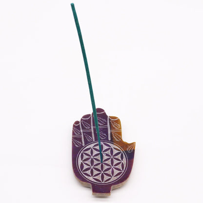 Medium Hamsa Steatite Incense Holder 13x9cm - Flower of Life