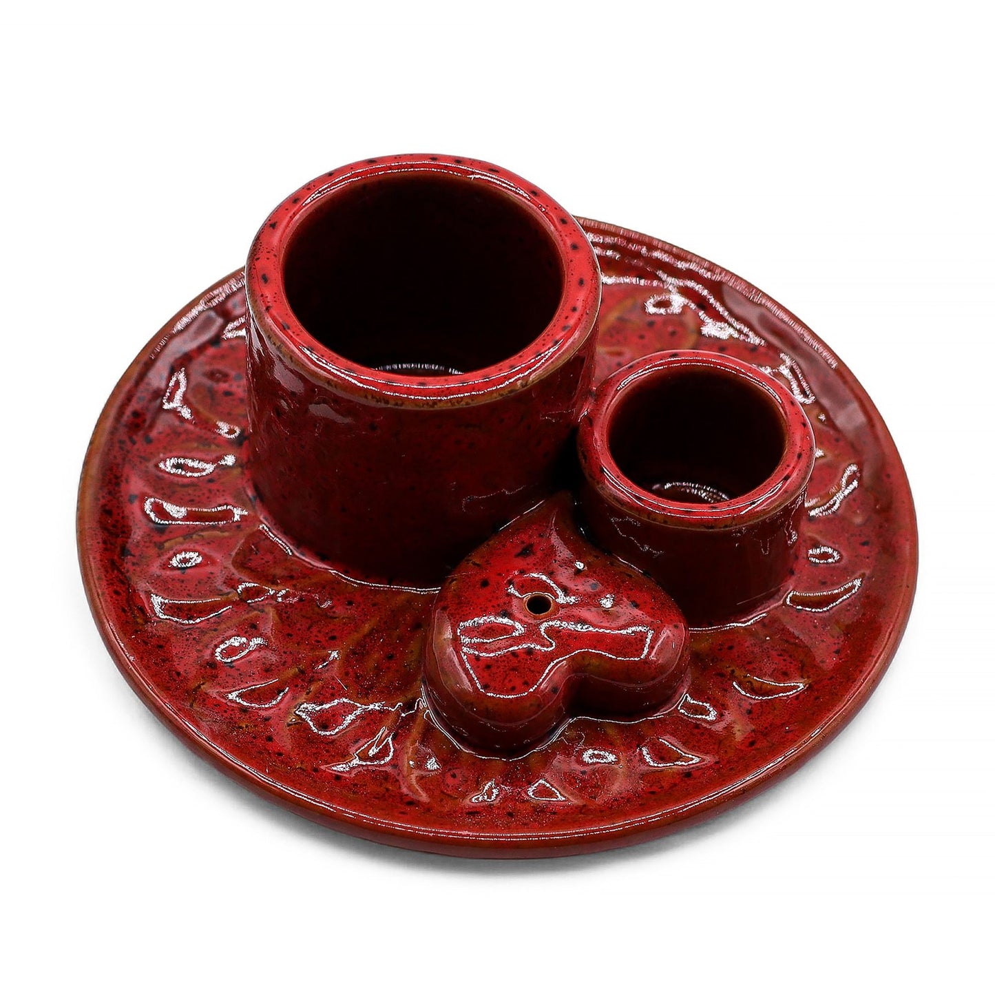 Ceramic holder for Palo Santo and Incense - Mandala - Red with heart-shaped glitter