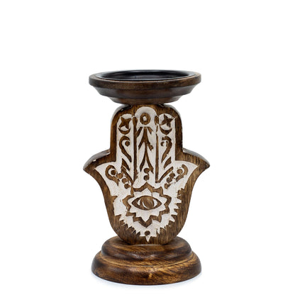 Mango Wood Candlestick - Hamsa - Small 18x11cm