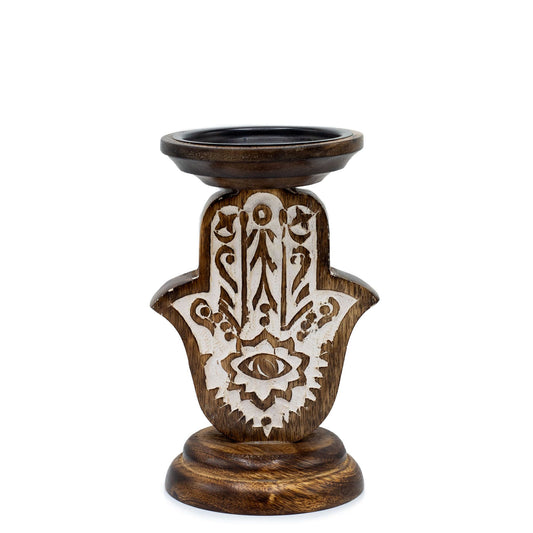 Mango Wood Candlestick - Hamsa - Small 18x11cm