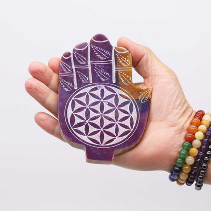 Medium Hamsa Steatite Incense Holder 13x9cm - Flower of Life