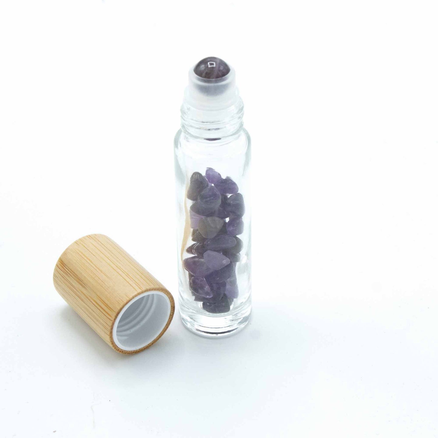 Botella de rodillo de aceite esencial de piedras preciosas - Amatista - Tapa de madera