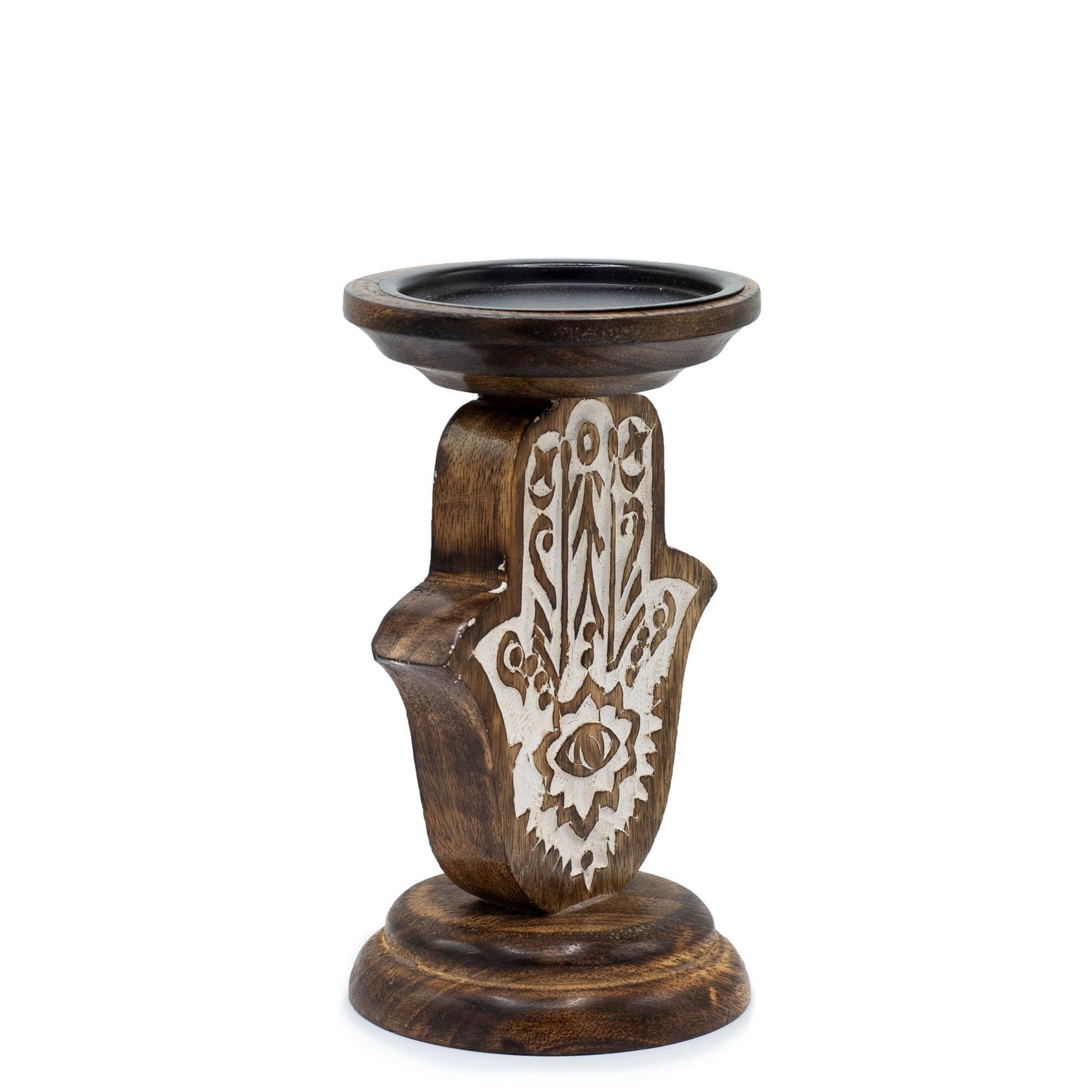 Mango Wood Candlestick - Hamsa - Small 18x11cm