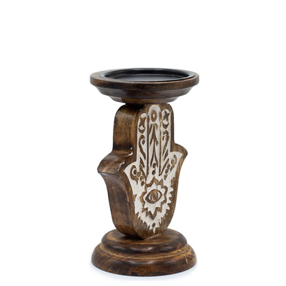 Mango Wood Candlestick - Hamsa - Small 18x11cm