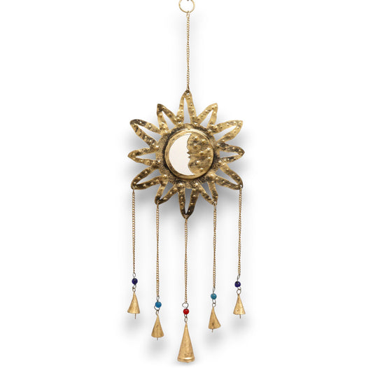 Petit miroir indien à 5 clochettes soleil et lune - 12 x 65 cm