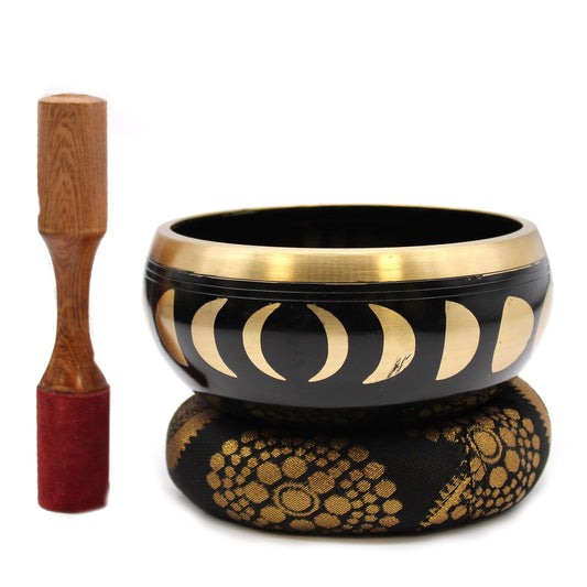 Large Tibetan Singing Bowl Set - Moon Phase - Black 14cm