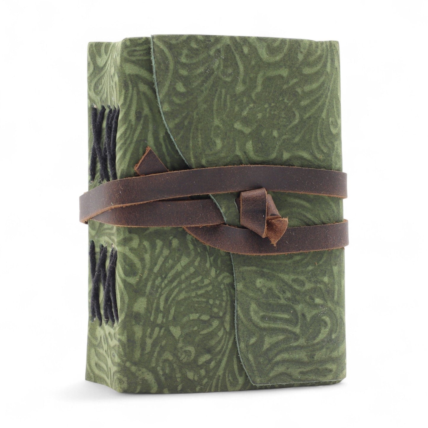 Cuaderno grueso de cuero con borde deckle – Patrón de laberinto verde – 12.7×8.9 cm