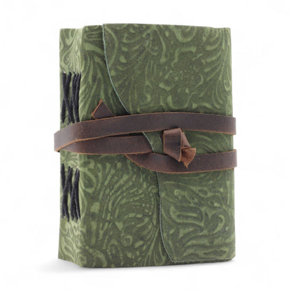 Cuaderno grueso de cuero con borde deckle – Patrón de laberinto verde – 12.7×8.9 cm