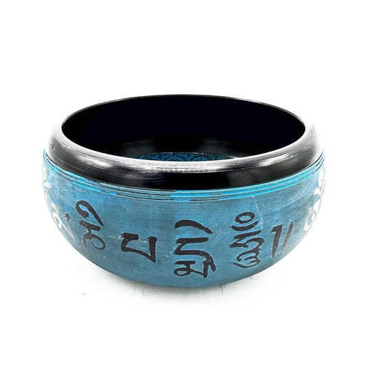 Earth Powder Tibetan Singing Bowl - Five Buddhas Mantra Blue - 16 cm
