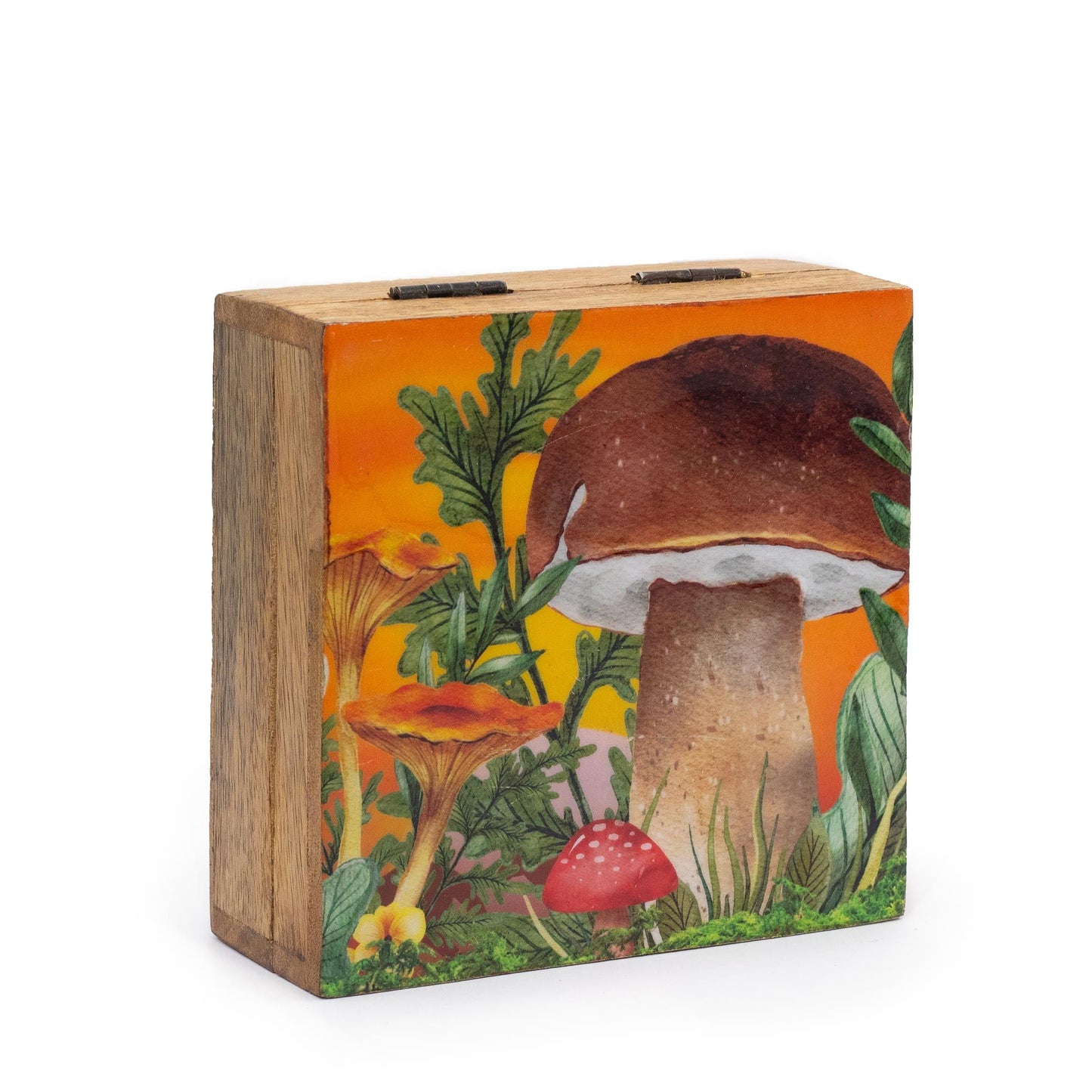 Boîte carrée moyenne 13,5 x 13,5 x 6 cm - Motif champignon grenat