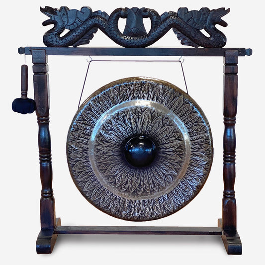 Large Meditation Gong on Antique Brown Stand - 80cm - Black - Standard