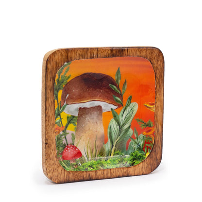 Grand plateau à bibelots carré 15 x 15 x 2,5 cm - Motif champignon grenat