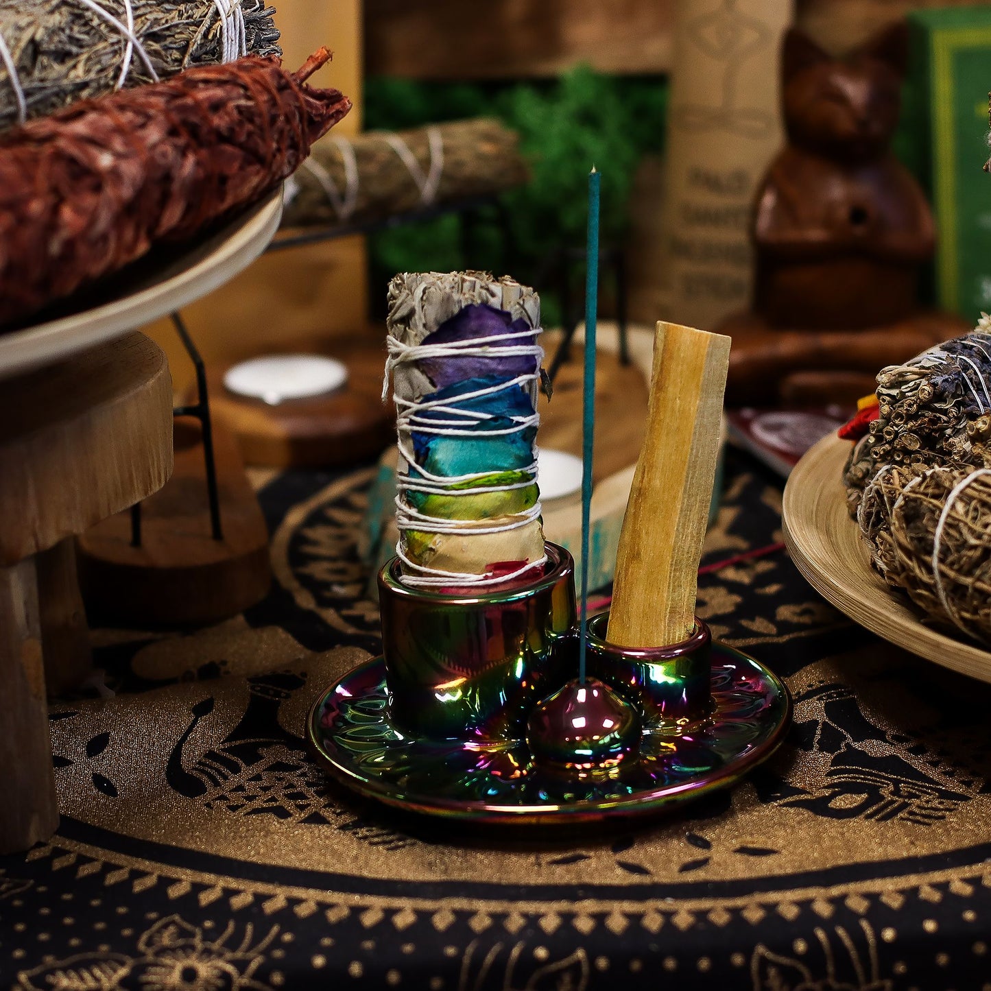 Ceramic holder for Palo Santo and Incense - Mandala - Metallic Rainbow