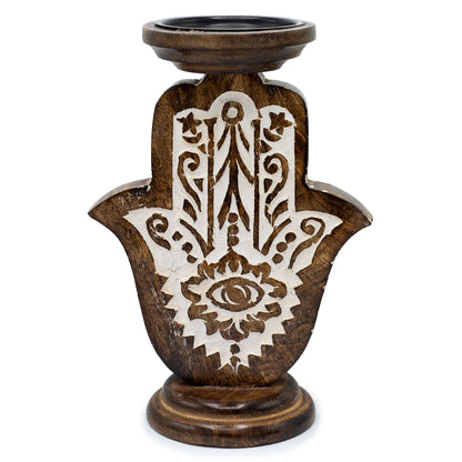 Mango Wood Candlestick - Hamsa - Large 25x18cm