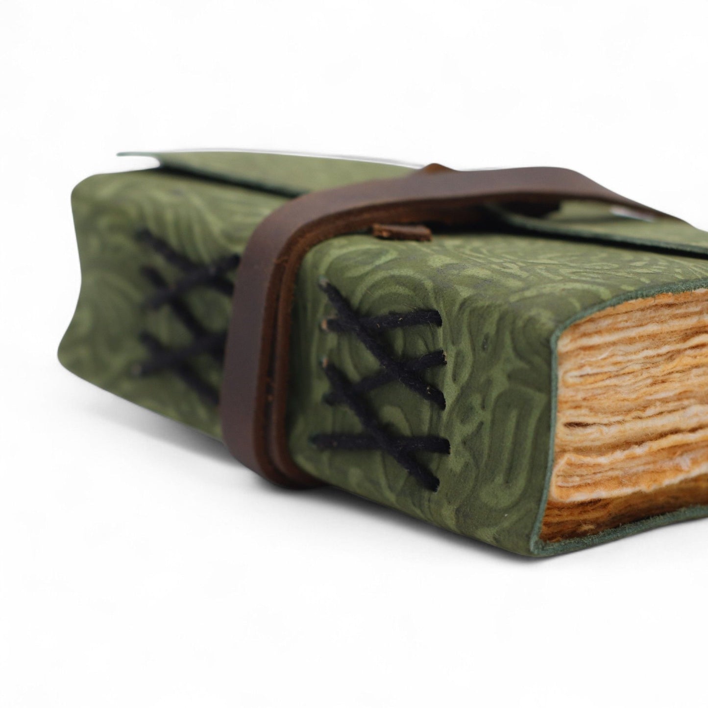 Cuaderno grueso de cuero con borde deckle – Patrón de laberinto verde – 12.7×8.9 cm