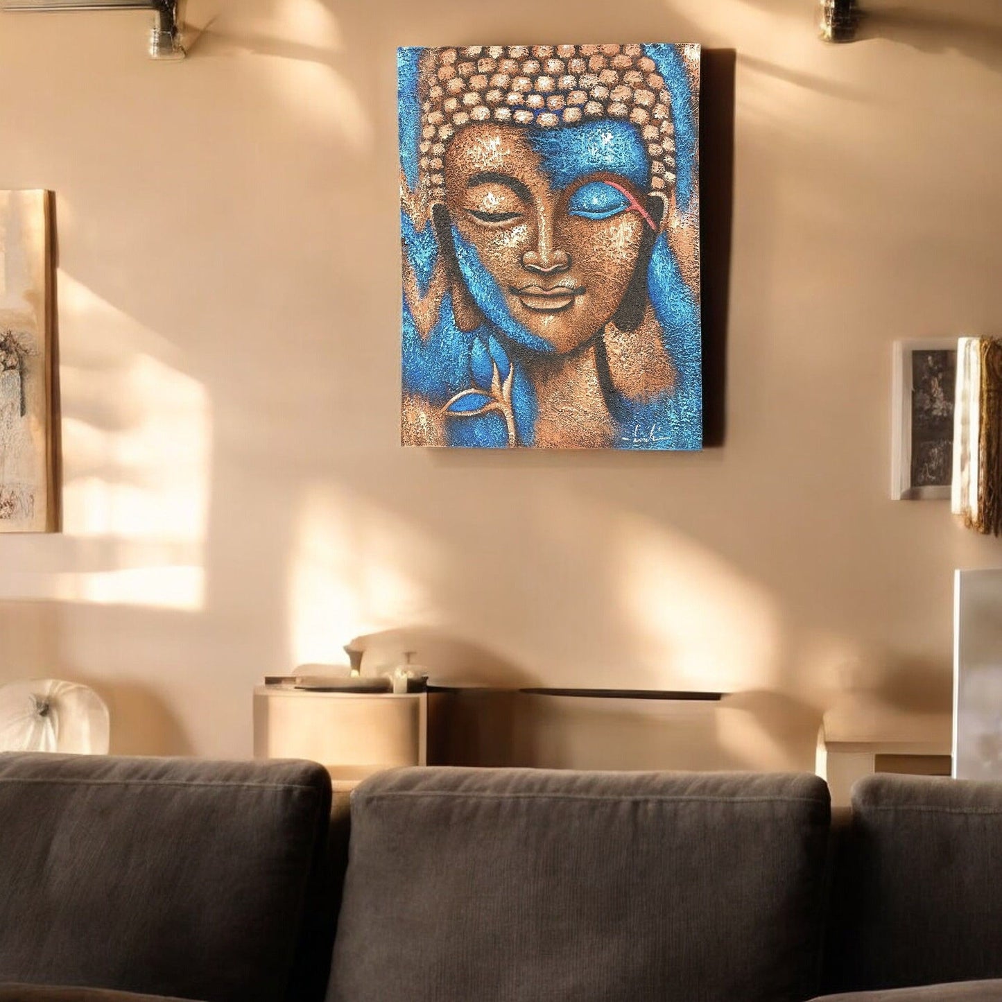 Buddha Painting - Bronze and Blue Flower