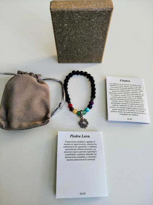 Pulsera de piedra lava con dije y piedras 7 chakras ( incluye caja , bolsita de terciopelo y cartulinas explicativas)