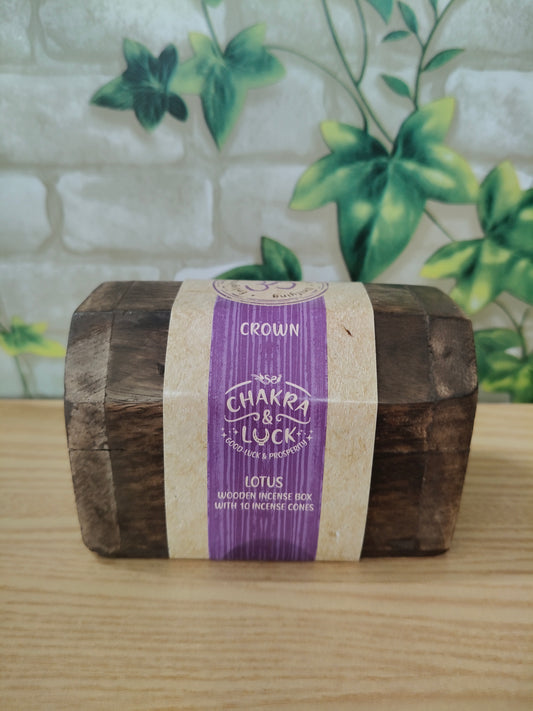 Cônes d'encens dans une mini boîte en bois Chakra Luck Lotus