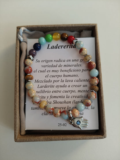 Bracelet en larderite avec 7 pierres de chakra (comprend une boîte, un sac en velours et des cartes explicatives)