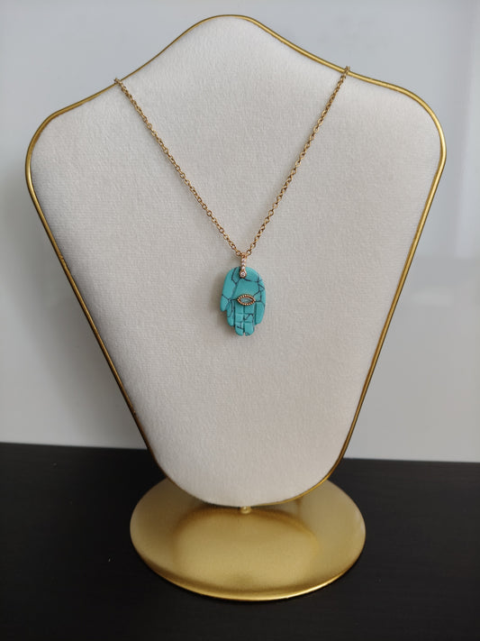 Collar acero inoxidable con piedra natural turquesa Mano de Fátima
