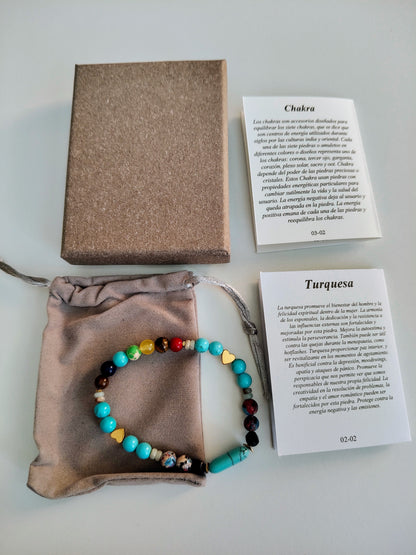 Bracelet en pierre turquoise avec 7 pierres de chakra (comprend une boîte, un sac en velours et des cartes explicatives)