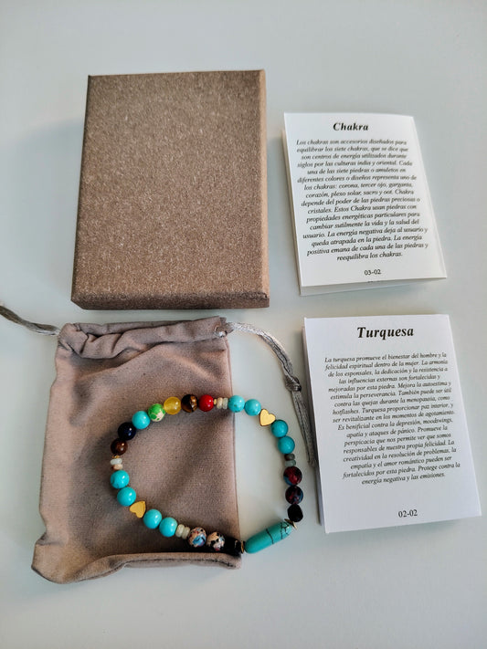 Pulsera de piedra Turquesa con piedras de los 7 chakras (incluye caja,bolsita de terciopelo y cartulinas explicativas)