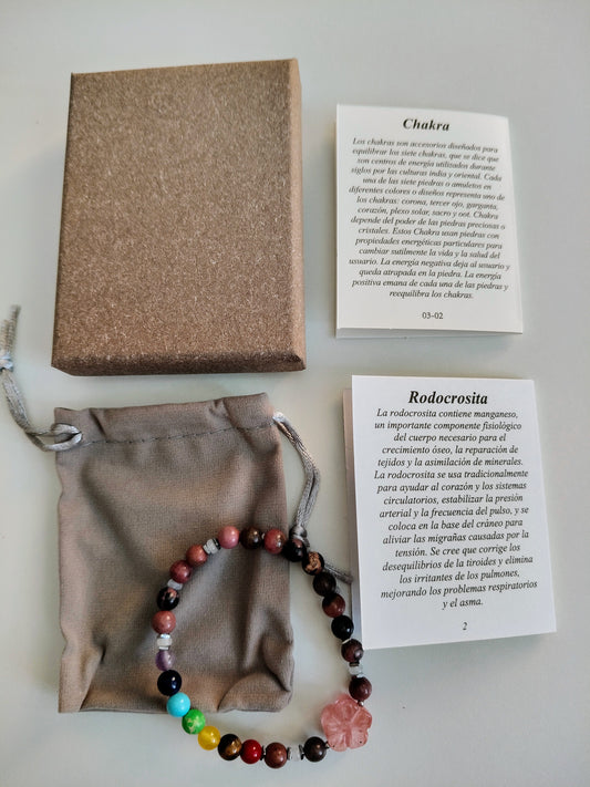 Bracelet en pierre de rhodochrosite avec 7 pierres de chakra (comprend une boîte, un sac en velours et des cartes explicatives)