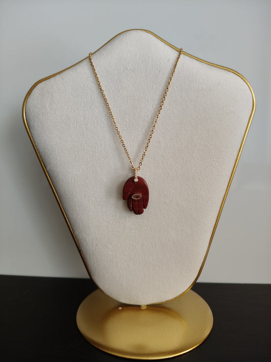 Collar acero inoxidable con piedra natural Jaspe rojo Mano de Fátima
