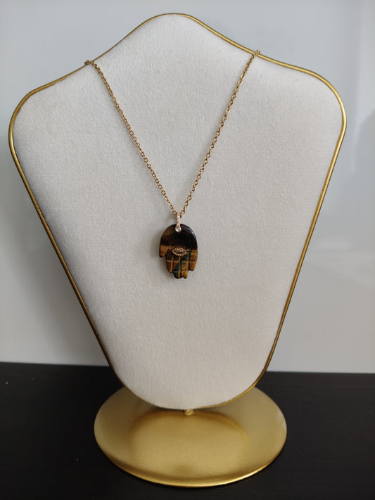 Collar acero inoxidable con piedra natural ojo de tigre Mano de Fátima
