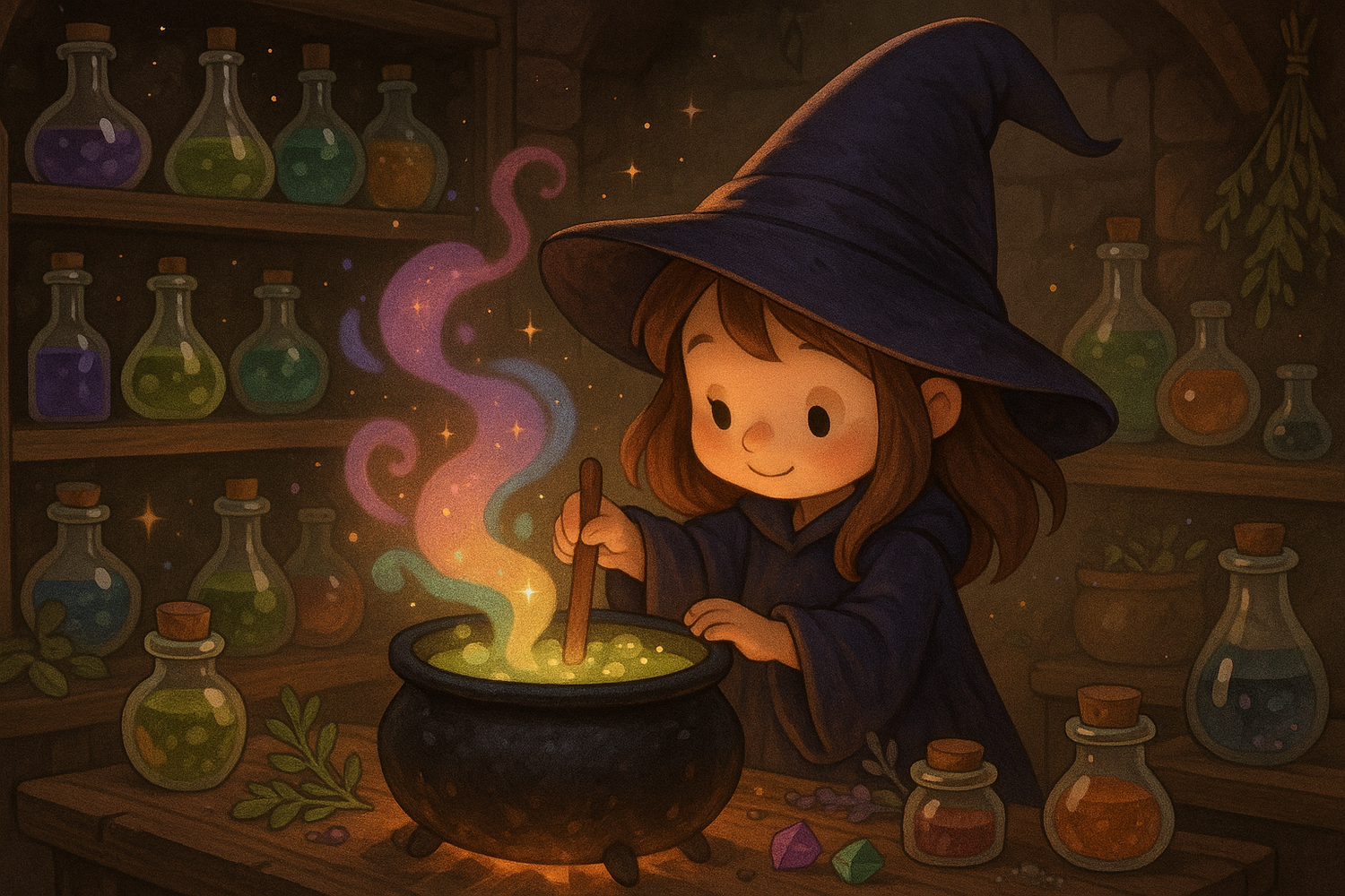 una pequeña bruja haciendo pociones